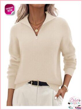 Womens Quarter Zip Mock Neck Knit Sweater Long Sleeve Pullover